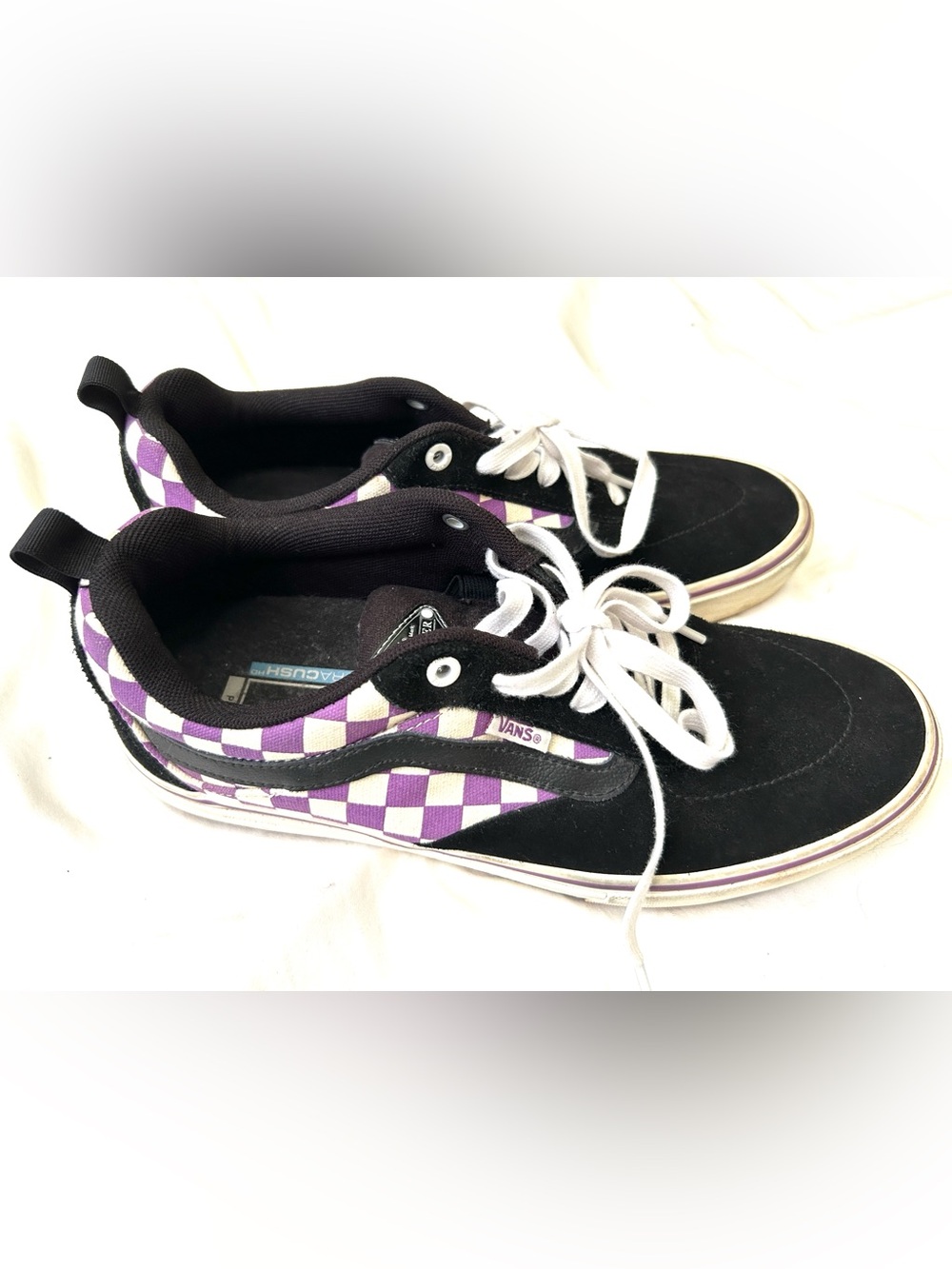 VansPro Ultracush Black Suede Low-Top Sneakers with Purple & White Checkerboard
